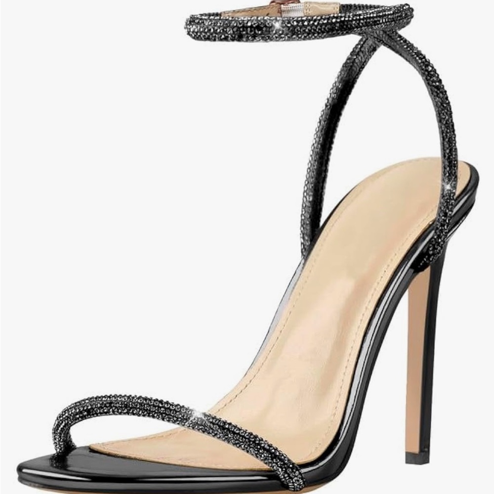 Shoes Women’s Ankle Buckle Diamond Studded Strap High Heels Black Size 38